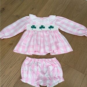 Cecil and Lou Pink Plaid Bloomer Set with Shamrock Embroidery, Size 2T